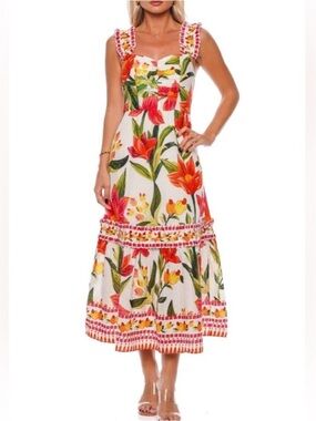 FARM RIO Cashew Garden tropical floral print tiered linen midi dress XS